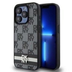 Husa iPhone 15 Pro - DKNY Leather Checkered Mono Pattern &amp; Printed Stripes (DKHCP15LPCPTSSK) - Black