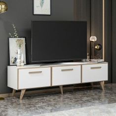 Comoda TV Bronderslev 45 x 160 x 37 cm cu 3 usi alb efect lemn [en.casa] HausGarden Leisure foto