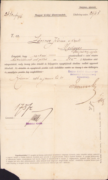 HST A1143 Act Magyar kiraly allamvasutak 1913 Mediaș