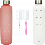 Set de 2 sticle de apa de 1 litru, cu perii de curatare incluse, cu marcaje motivationale, ideale pentru sport, birou, acasa, calatorii, roz somon si