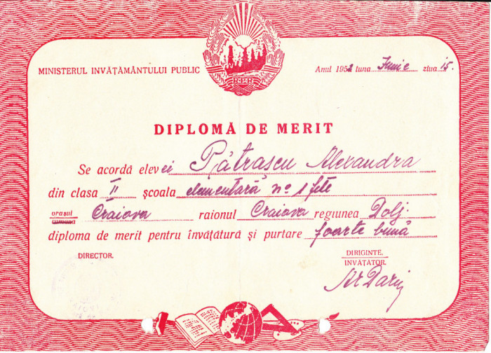 QW13 11 - 1952 - diploma - clasa 2 - Scoala elementara nr 1 fete - Craiova
