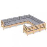 Set mobilier de gradina cu perne gri 10 piese lemn masiv de pin