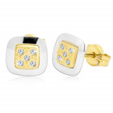 Cercei din aur de 14K - pătrat cu zirconii transparente &icirc;n mijloc, aur galben și alb