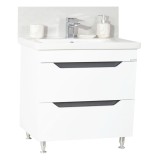 Baza si lavoar ceramic GN7561, mobilier baie stativ 80 cm, circular, front MDF, 2 sertare, picioare cromate reglabile, alb antracit