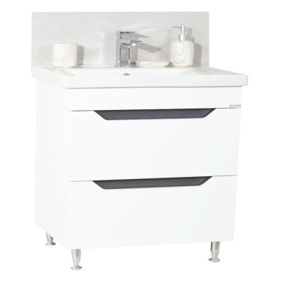 Baza si lavoar ceramic GN7561, mobilier baie stativ 80 cm, circular, front MDF, 2 sertare, picioare cromate reglabile, alb antracit foto