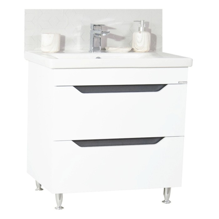 Baza si lavoar ceramic GN7561, mobilier baie stativ 80 cm, circular, front MDF, 2 sertare, picioare cromate reglabile, alb antracit