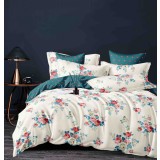 Lenjerie pat dublu,bumbac finet,6 piese,cearceaf cu elastic,alba bleumarin cu flori-A975