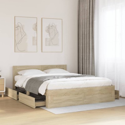 vidaXL Cadru de pat cu tăblie stejar sonoma 150x200 cm lemn prelucrat 3295557 foto