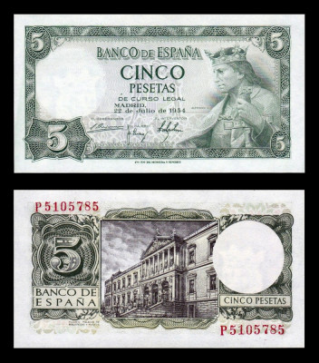 SPANIA █ bancnota █ 5 Pesetas █ 1954 █ P-146 █ UNC █ necirculata foto