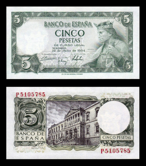 SPANIA █ bancnota █ 5 Pesetas █ 1954 █ P-146 █ UNC █ necirculata
