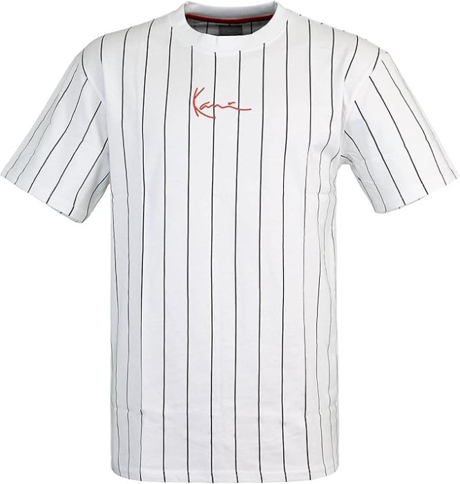 Tricou cu maneca scurta pentru barbati Karl Kani Small Signature Pinstripe, alb cu dungi negre, L - OUTLET