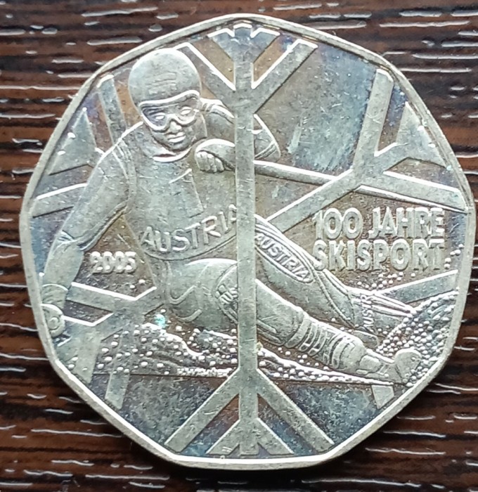 (S) MONEDA DIN ARGINT AUSTRIA - 5 EURO 2005, 100 ANI SKI SPORT IN AUSTRIA