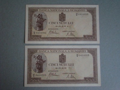 500 lei 1941 Filigran Vertical aUNC - 2 Buc. Serii Consecutive foto