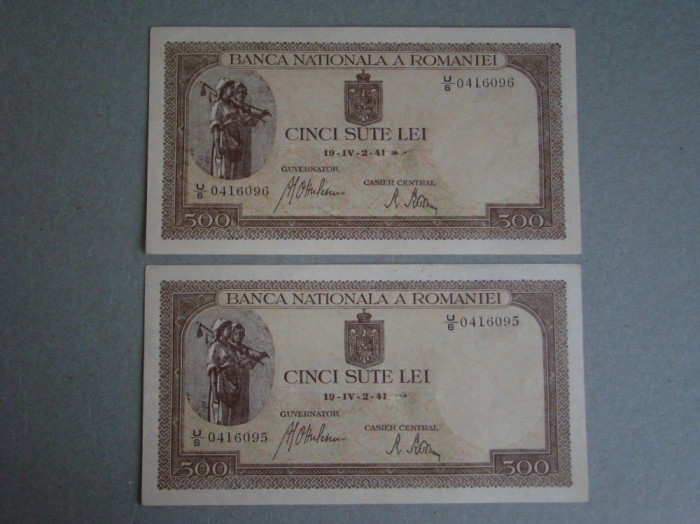 500 lei 1941 Filigran Vertical aUNC - 2 Buc. Serii Consecutive