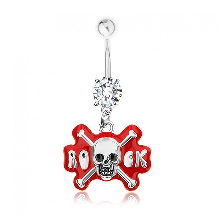 Piercing pentru buric, o&Aring;&pound;el inoxidabil, zirconiu, craniu, inscrip&Aring;&pound;ie ROCK