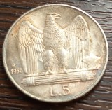 (A594) MONEDA ARGINT ITALIA - 5 LIRE 1930, PATINA SUPERBA, LUCIU DE BATERE, UNC, Europa