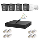 Kit supraveghere IP Hikvision HiLook 4 camere 6MP, 2.8mm, PoE, Iluminare duala 30m, Alarma, Microfon si difuzor, NVR PoE 4 canale, 4 porturi, Cablu CA