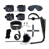 Cumpara ieftin Set de 10 jucarii erotice pentru adulti, bandaj ochi, guler, bici, catuse, piele ecologica, negru, Dactylion