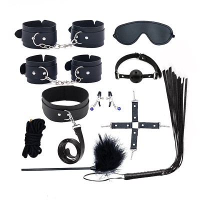 Set de 10 jucarii erotice pentru adulti, bandaj ochi, guler, bici, catuse, piele ecologica, negru foto