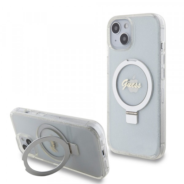 Husa MagSafe pentru Apple iPhone 15, Guess, Ring Stand Script Glitter, Transparenta