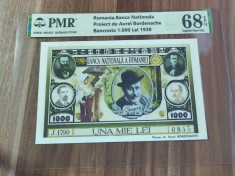 REPRODUCERE pe hartie cu filigran si fire UV proiect bancnota 1.000 Lei 1938