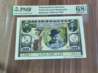 REPRODUCERE pe hartie cu filigran si fire UV proiect bancnota 1.000 Lei 1938 foto