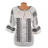 Cumpara ieftin Bluza Tip Ie Traditionala Alba cu Motiv Geometric Negru de Dama - IMS99