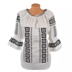 Bluza Tip Ie Traditionala Alba cu Motiv Geometric Negru de Dama - IMS99
