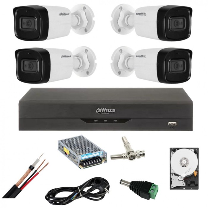 Sistem de supraveghere Dahua cu 4 camere 5 Megapixeli, Infrarosu 80m, Microfon, DVR 4 canale 5 Megapixeli, Hard 1TB, Accesorii SafetyGuard Surveillanc