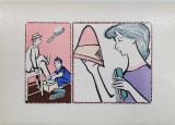 LUSTRAGIU SI DOAMNA PERIIND O PALARIE , PLANSA DIDACTICA , SERIA &#039;&#039; ANIMALELE DOMESTICE SI FOLOASELE LOR &#039;&#039; , ANII &#039;80