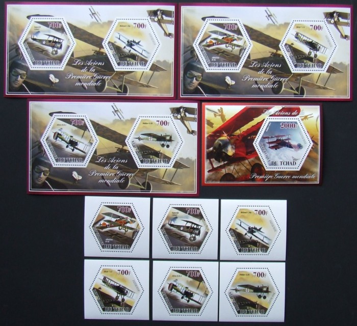 R.DU TCHAD-AVIOANE DIN PRIMUL RAZBOI MONDIAL-SET 6 V.+4 S/Sh.NEOBLITERATE-DANTELATE-MNH** - EP 069