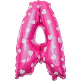 Balon folie metalizata litera a, flippy, 40 cm, cu imprimeu inimioare, umflati cu heliu sau aer, ambalaj individual, pai inclus, roz