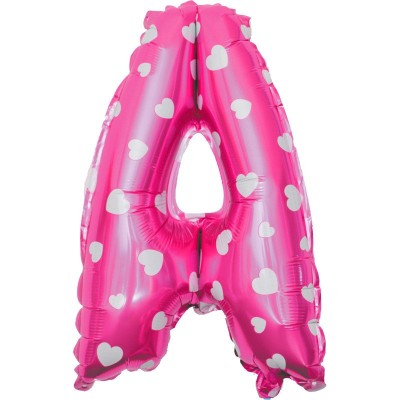 Balon folie metalizata litera a, flippy, 40 cm, cu imprimeu inimioare, umflati cu heliu sau aer, ambalaj individual, pai inclus, roz foto