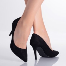 Pantofi dama cu toc Negri din Piele Ecologica intoarsa Larina, 35