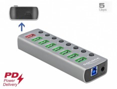 HUB USB 3.2 Gen 1 cu 7 porturi + 1 Fast Charging + 1 USB-C PD 3.0 cu iluminare + switch ON/Off, Delock 63264