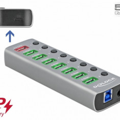 HUB USB 3.2 Gen 1 cu 7 porturi + 1 Fast Charging + 1 USB-C PD 3.0 cu iluminare + switch ON/Off, Delock 63264