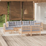 Set mobilier de gradina cu perne gri, 9 piese, lemn masiv pin GartenMobel Dekor, vidaXL