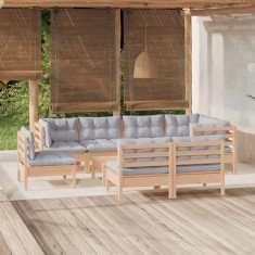 vidaXL Set mobilier de grădină cu perne gri, 9 piese, lemn masiv pin 3096471