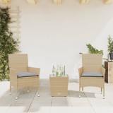 Set bistro cu perne, 3 piese, bej, poliratan și sticlă