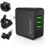 &Icirc;ncărcător Snder USB, Adaptor de călătorie universal USB cu 3 porturi, mufă UK/E