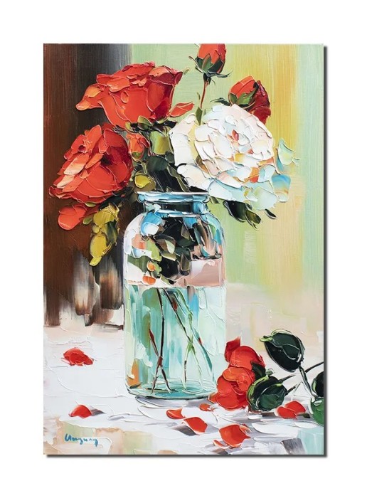 Aranjament cu trandafiri tablou pictat manual, 60x40cm ulei pe panza in cutit, Geo Ungureanu