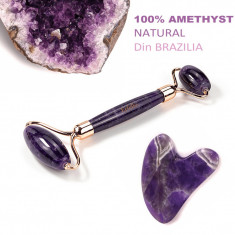 Amethyst roller Cu Gua Sha, pentru masaj facial ?i corporal, tratament facial, Amethyst Quartz foto