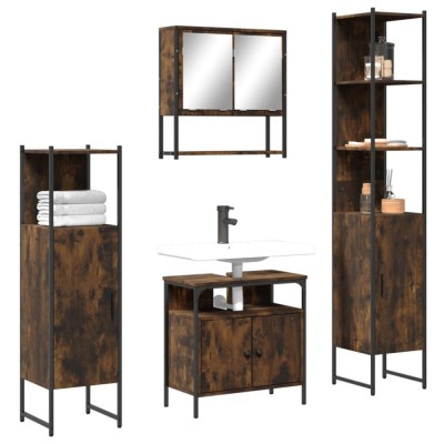 Set mobilier de baie, 4 piese, stejar fumuriu, lemn prelucrat foto