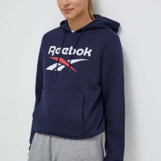 Reebok bluza femei, culoarea albastru marin, cu glugă, cu imprimeu