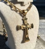 Lanț Byzantine Inox Placat Cu Aur + Cruce Masivă BărbăteascăLC13D