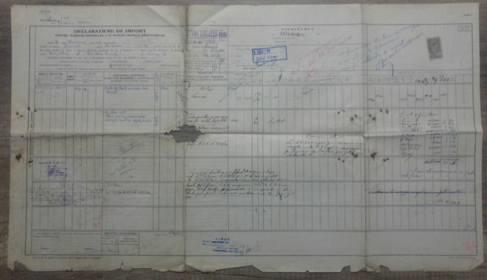 Declaratiune import pt marfuri destinate a fi supuse imediat drepturilor/ 1942