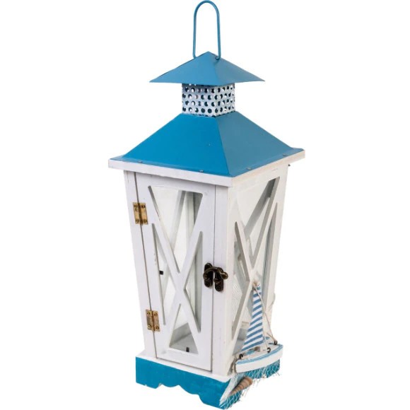 Felinar decorativ din lemn, cu design nautic, suport lumanare, 15X15X40 cm, SMARTIC , alb albastru