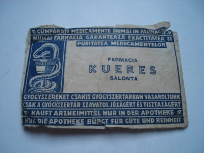 Plic farmaceutic interbelic Farmacia Kueres Salonta, trilingv - extra rar foto