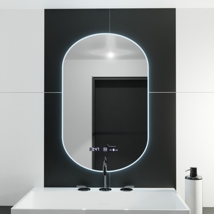 Oglinda LED Ovala, 50x80cm, Lucia Senzor Marcello, Sistem Dezaburire, Ceas &amp; Termometru, Dimabila ModernLight Concept