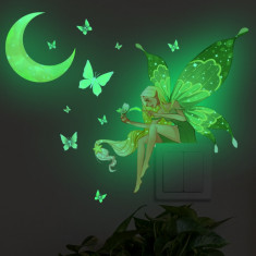 Stickere camera copii - Elf, luna si fluturi, verde fosforescent foto